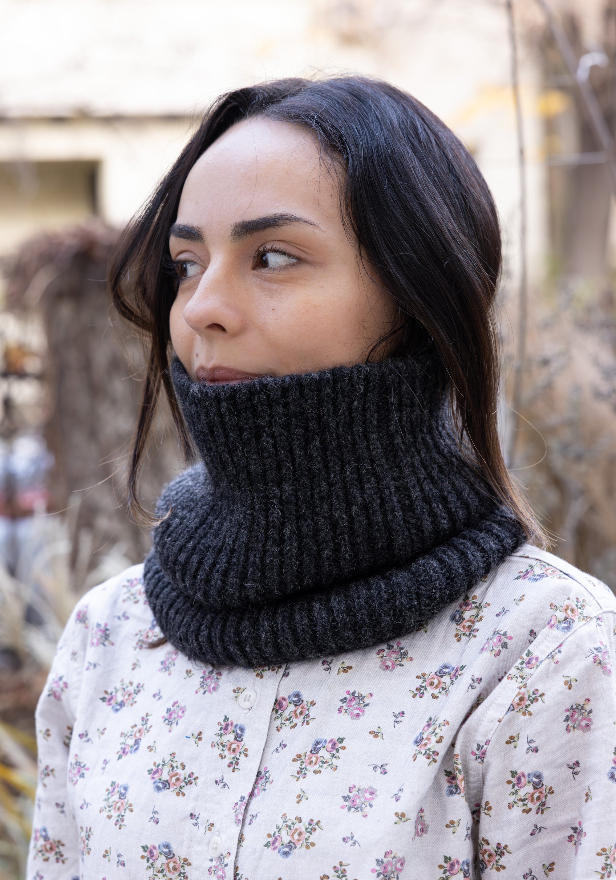 Fular circular femei din baby alpaca, bumbac și lână merinos - Anthracite