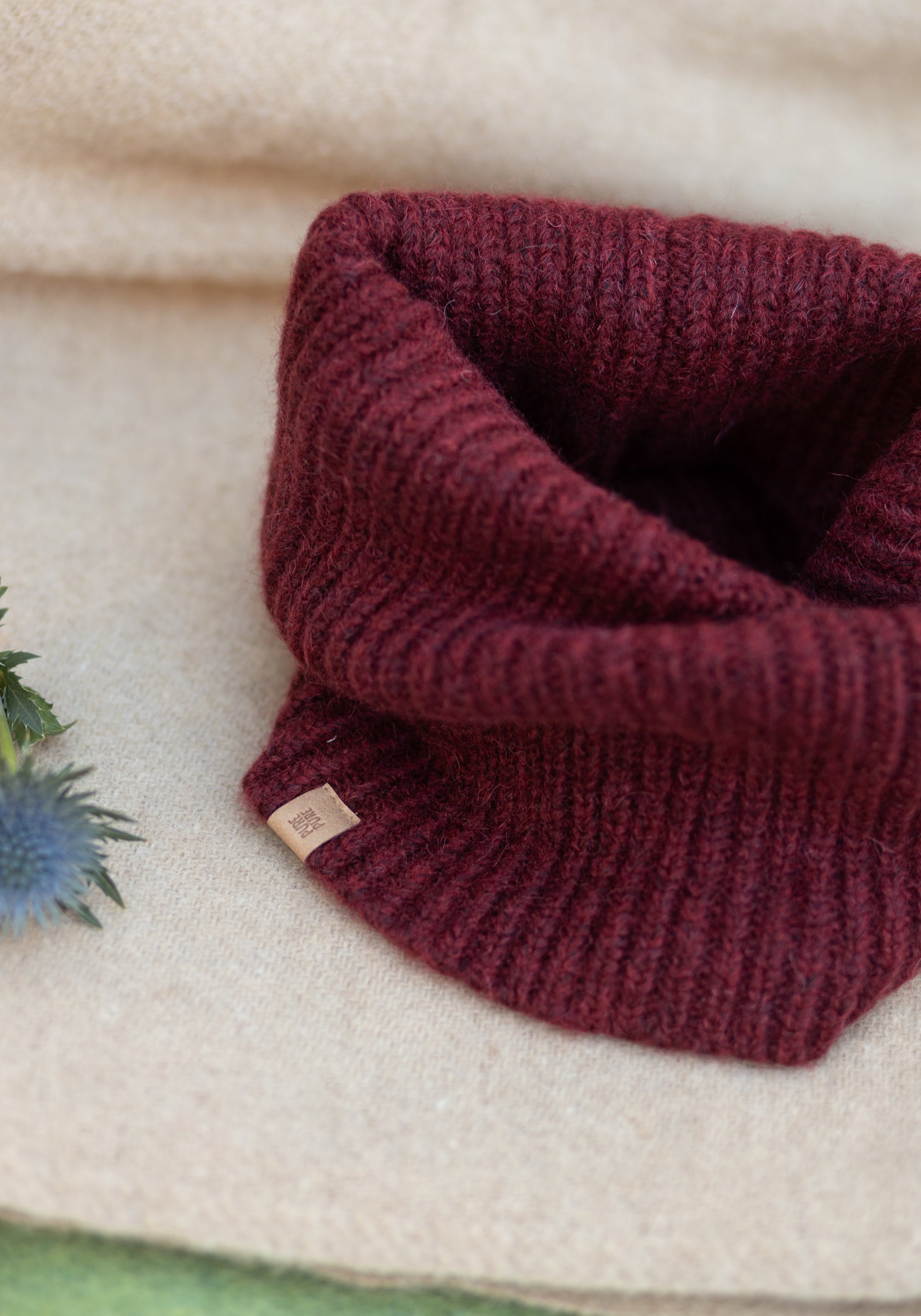 Fular circular femei din baby alpaca, bumbac și lână merinos - Burgundy