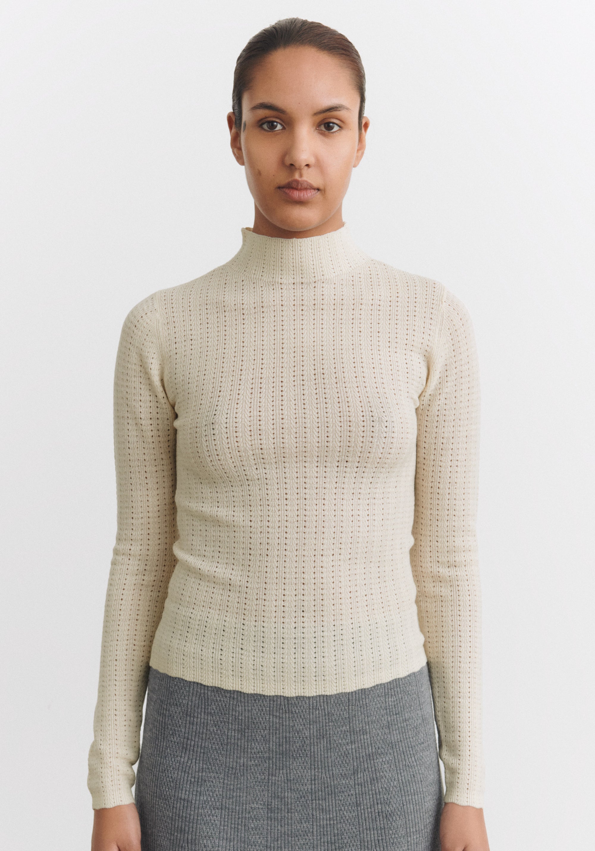 Helancă din lână merinos - Pointelle Fine knit Ecru