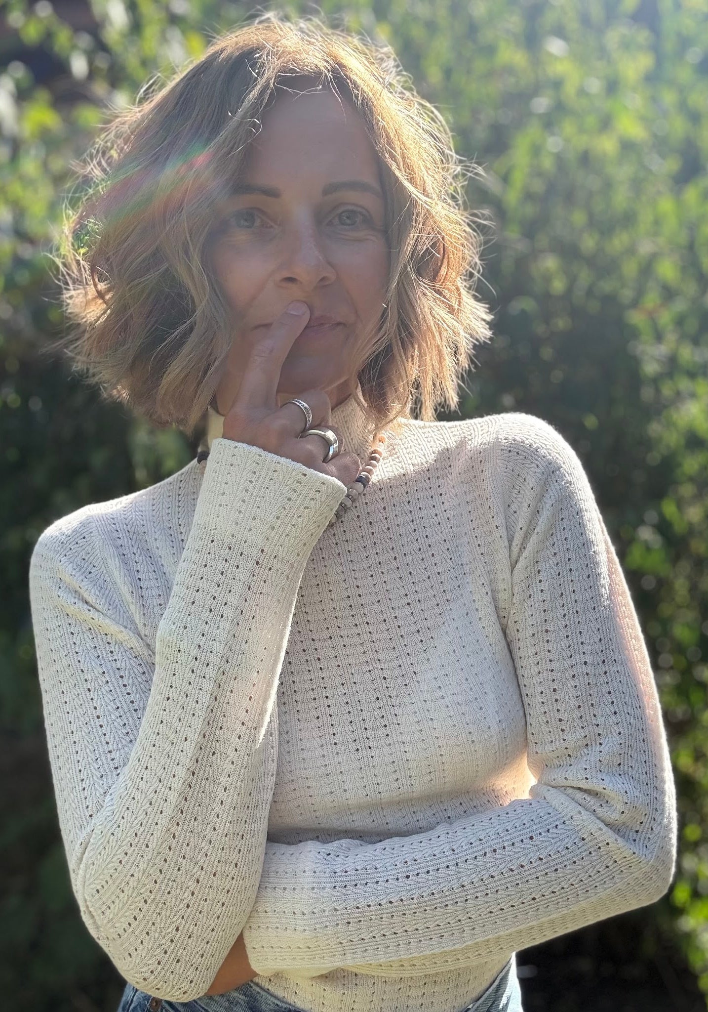 Helancă din lână merinos - Pointelle Fine knit Ecru