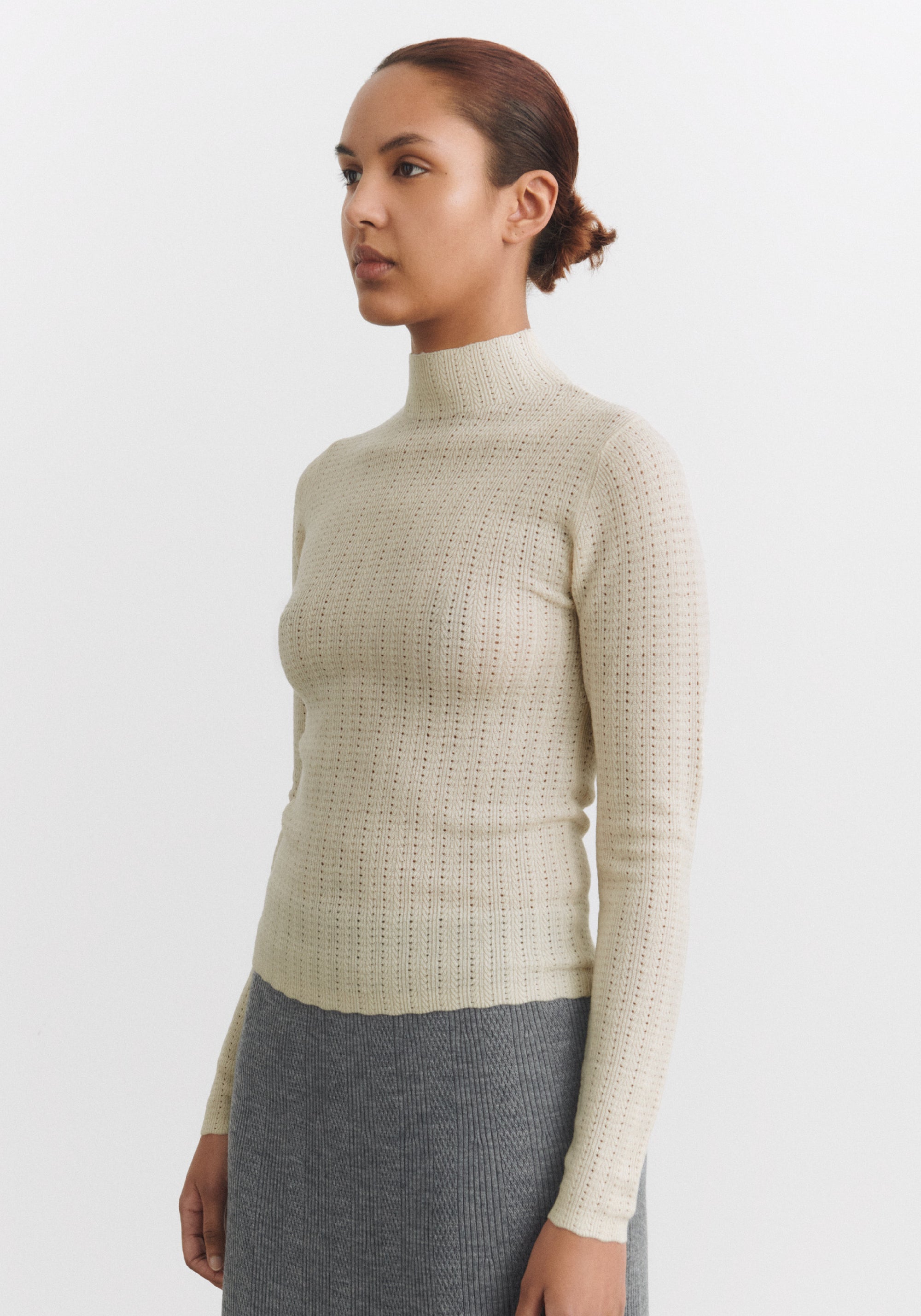 Helancă din lână merinos - Pointelle Fine knit Ecru