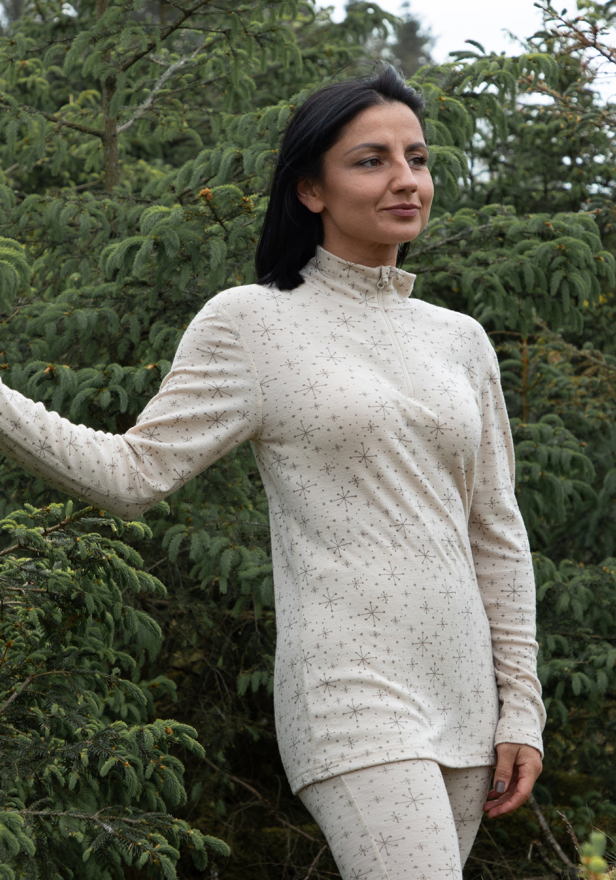 Helancă femei din lână merinos - Handdrawn Snowflake Beige