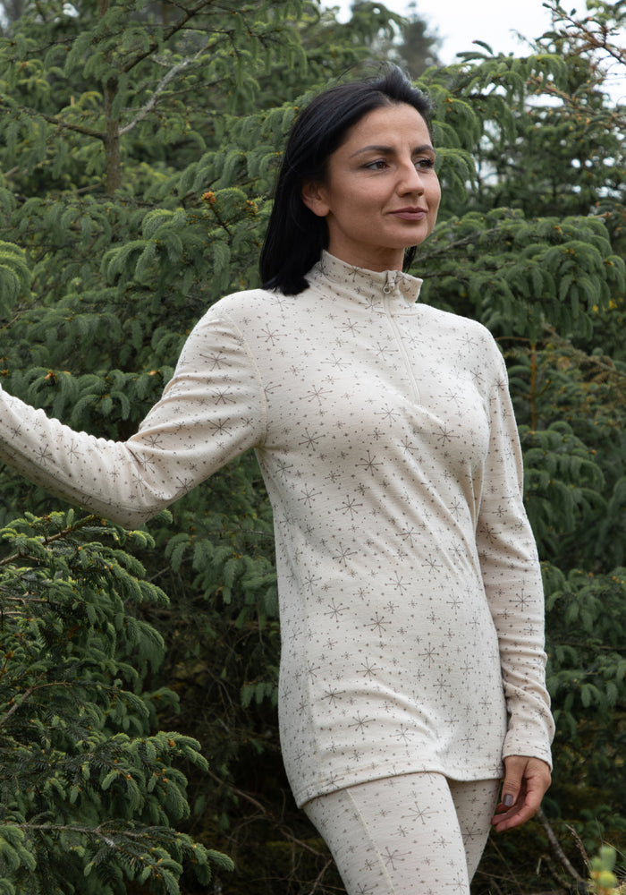 Helancă femei din lână merinos - Handdrawn Snowflake Beige