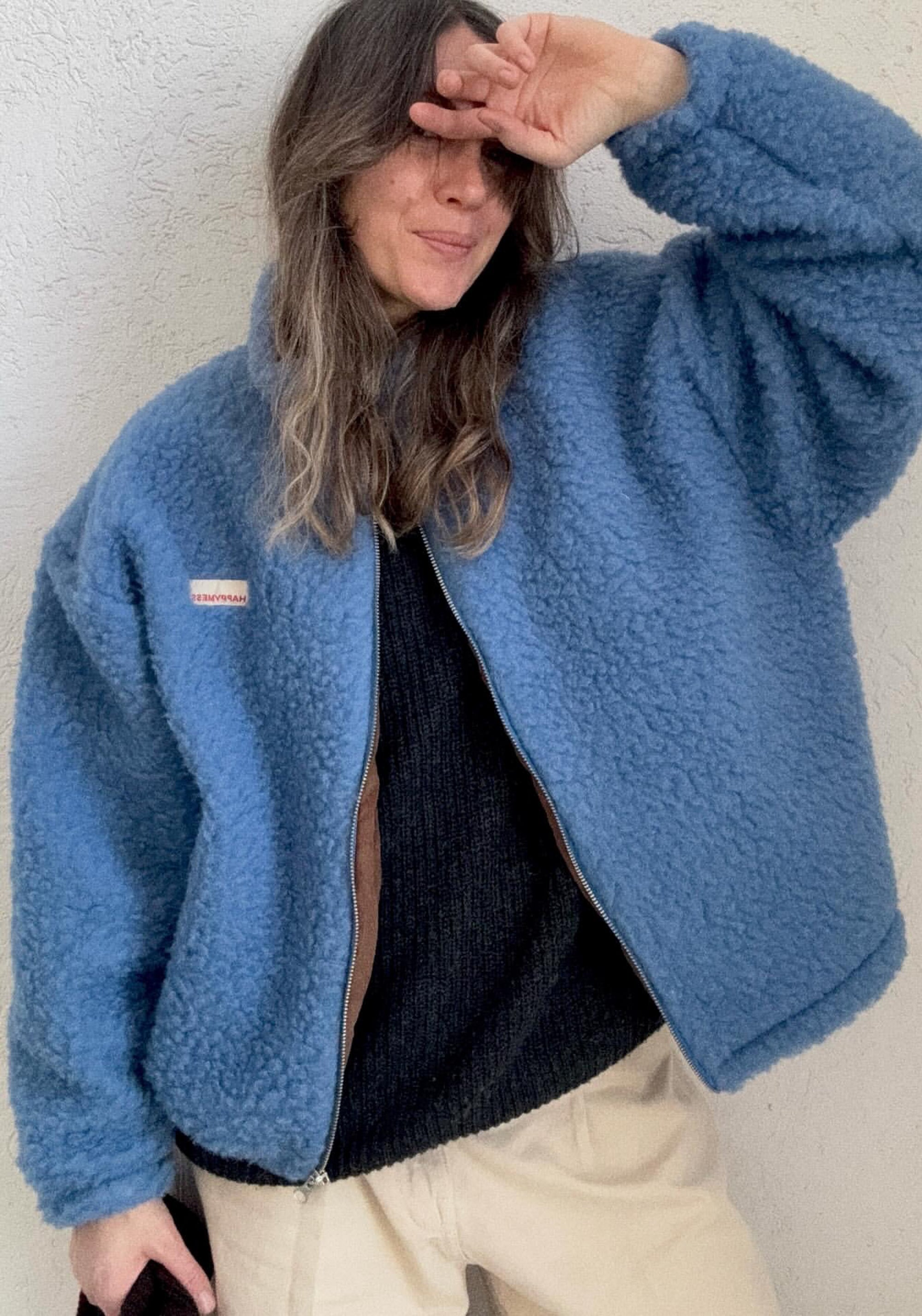 Jachetă bomber oversize fleece din lână merinos - Teddy Ice Blue