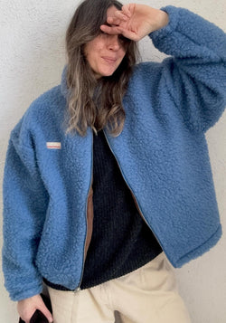 Jachetă bomber oversize fleece din lână merinos - Teddy Ice Blue