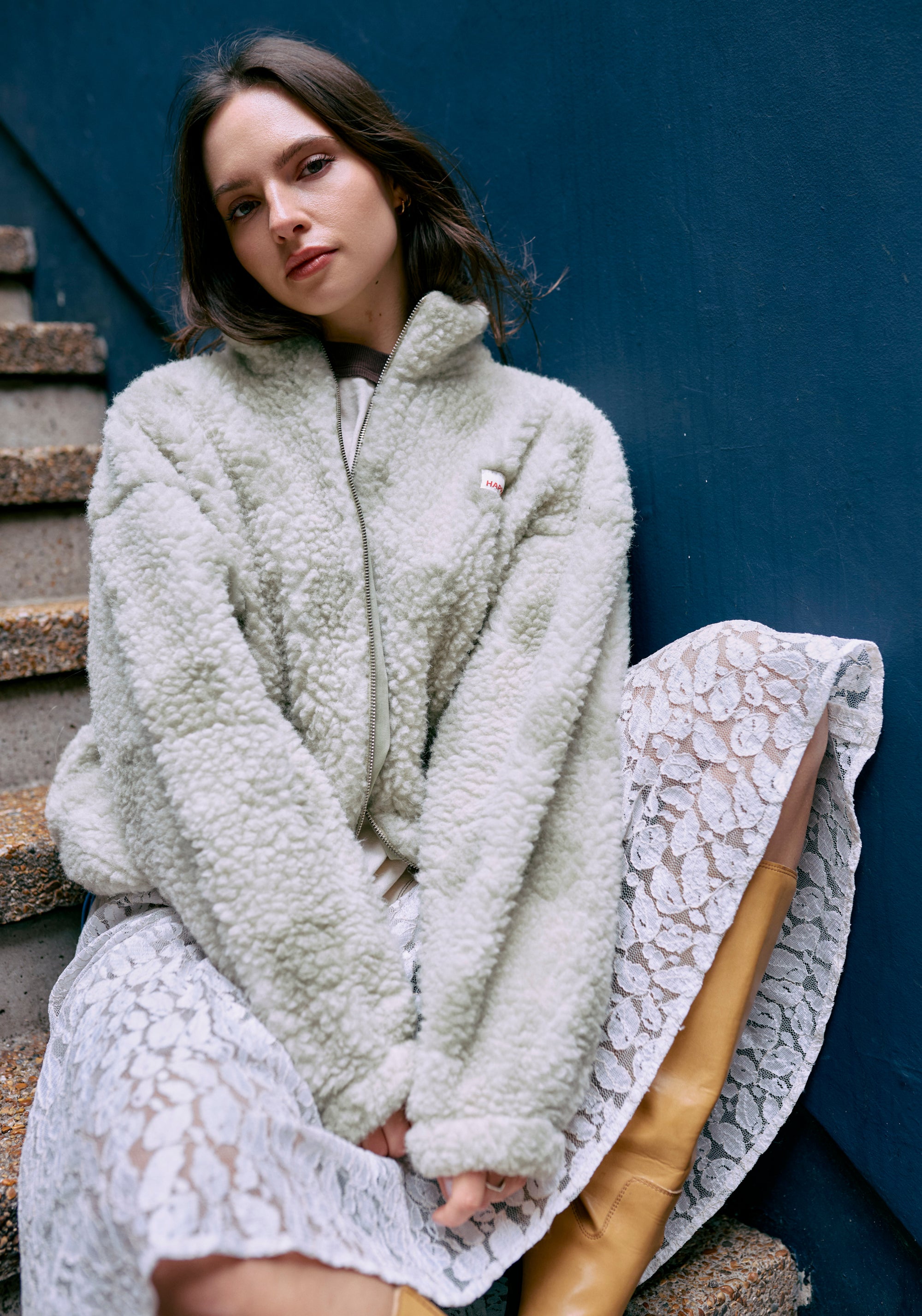 Jachetă bomber oversize fleece din lână merinos - Teddy Polka Dots