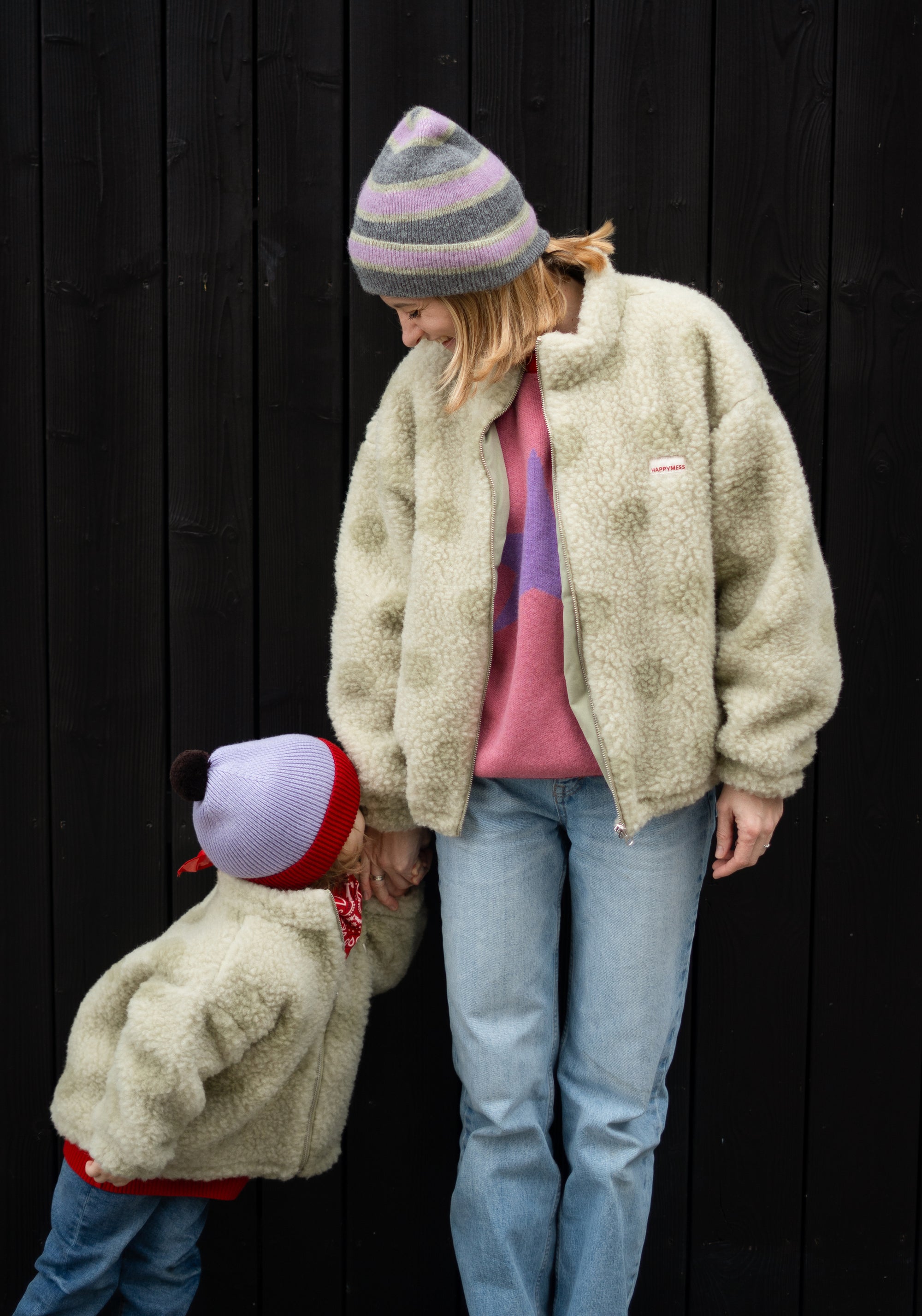 Jachetă bomber oversize fleece din lână merinos - Teddy Polka Dots