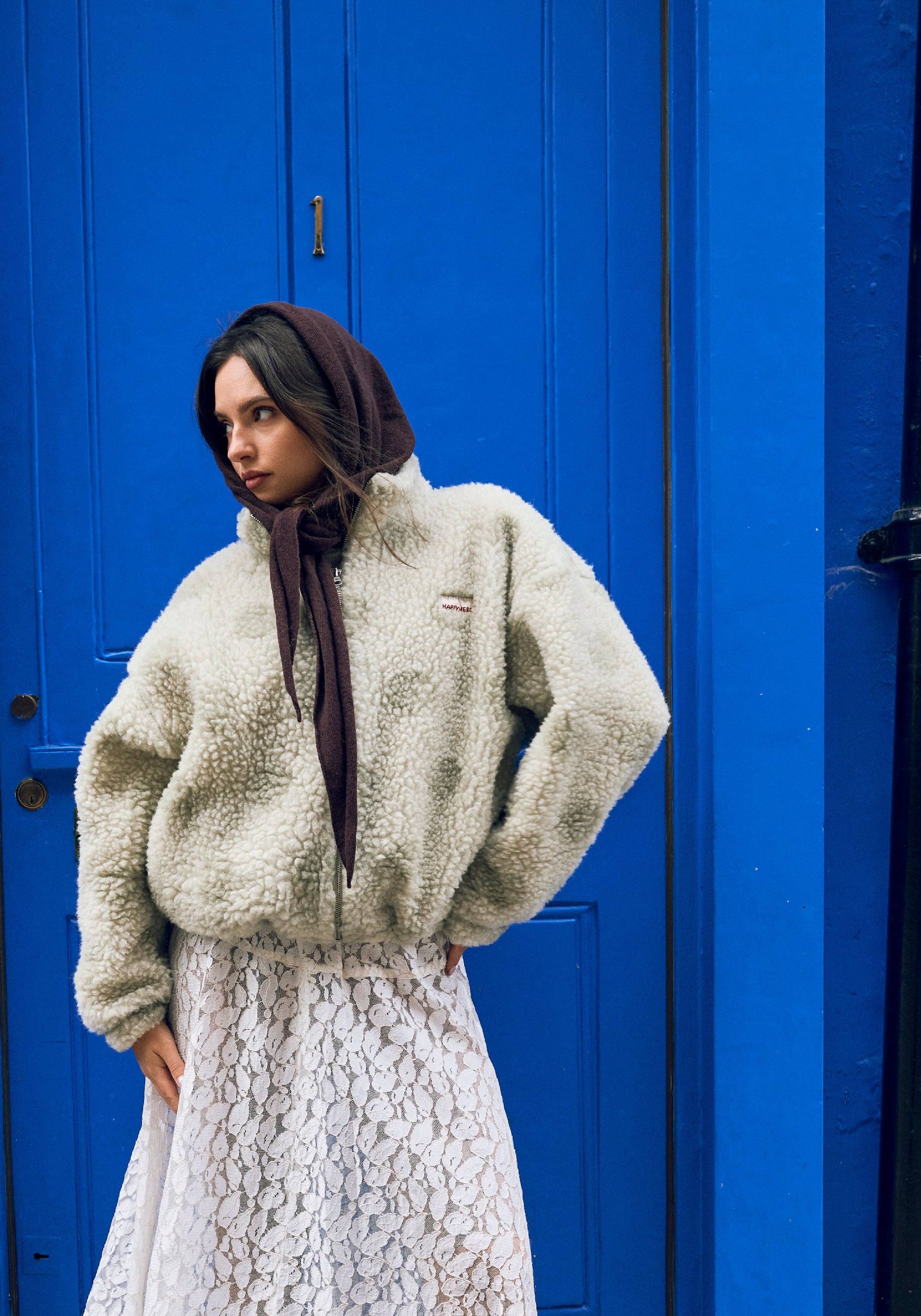 Jachetă bomber oversize fleece din lână merinos - Teddy Polka Dots