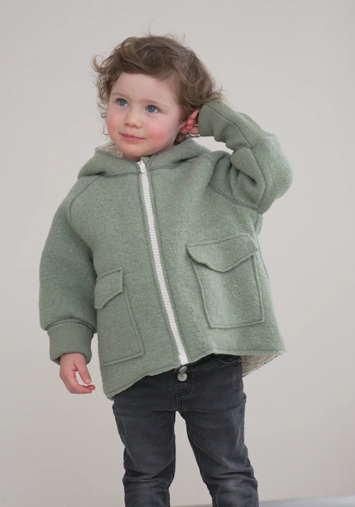 Jachetă Teddy dublată din lână fiartă - Sage