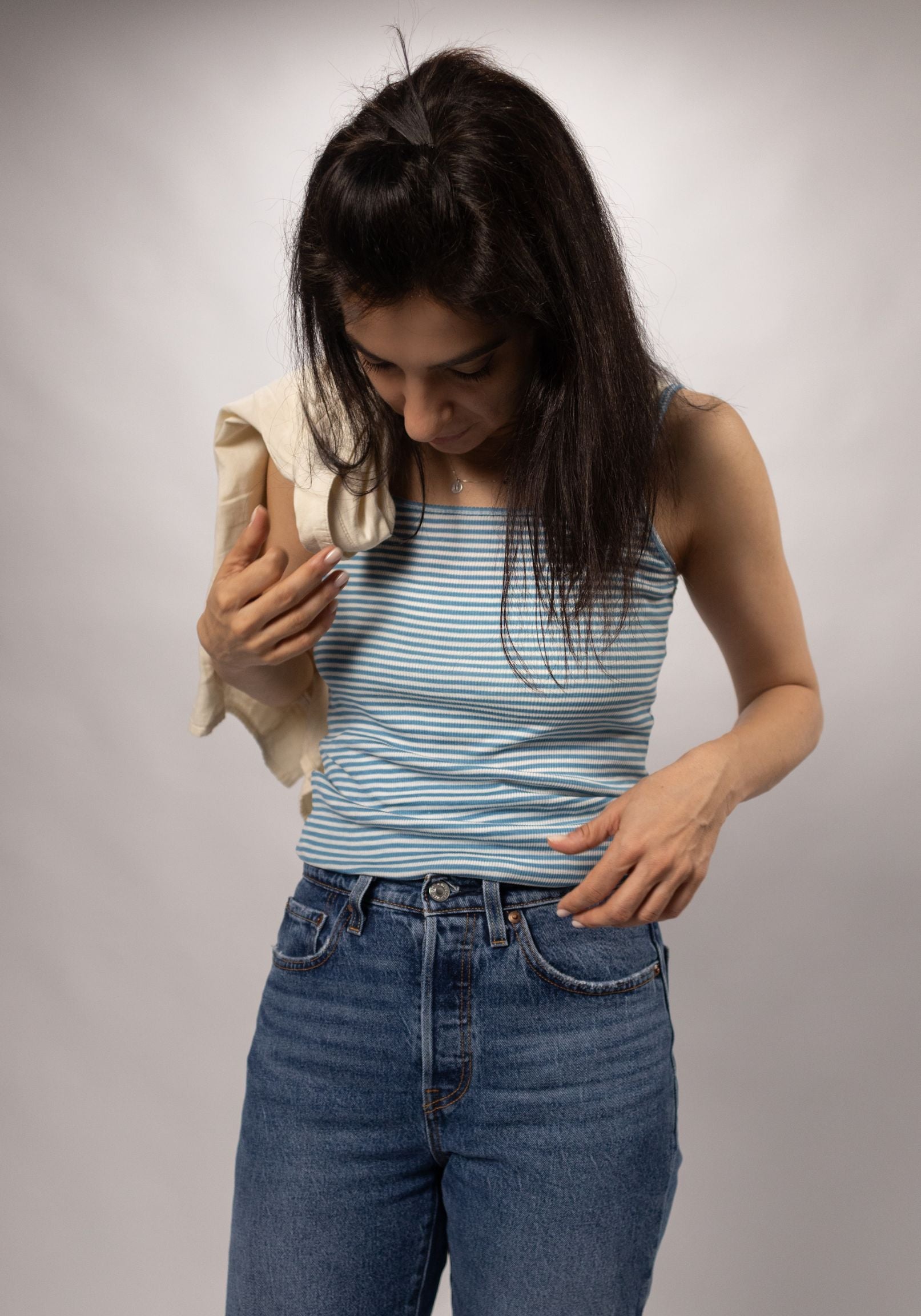 Maiou femei Chemise din lână merinos și mătase - Blue Stripe