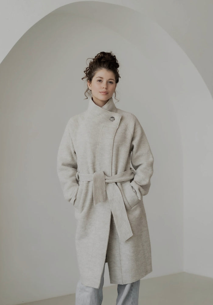 Palton femei din lână fiartă - Daria Button Light Grey
