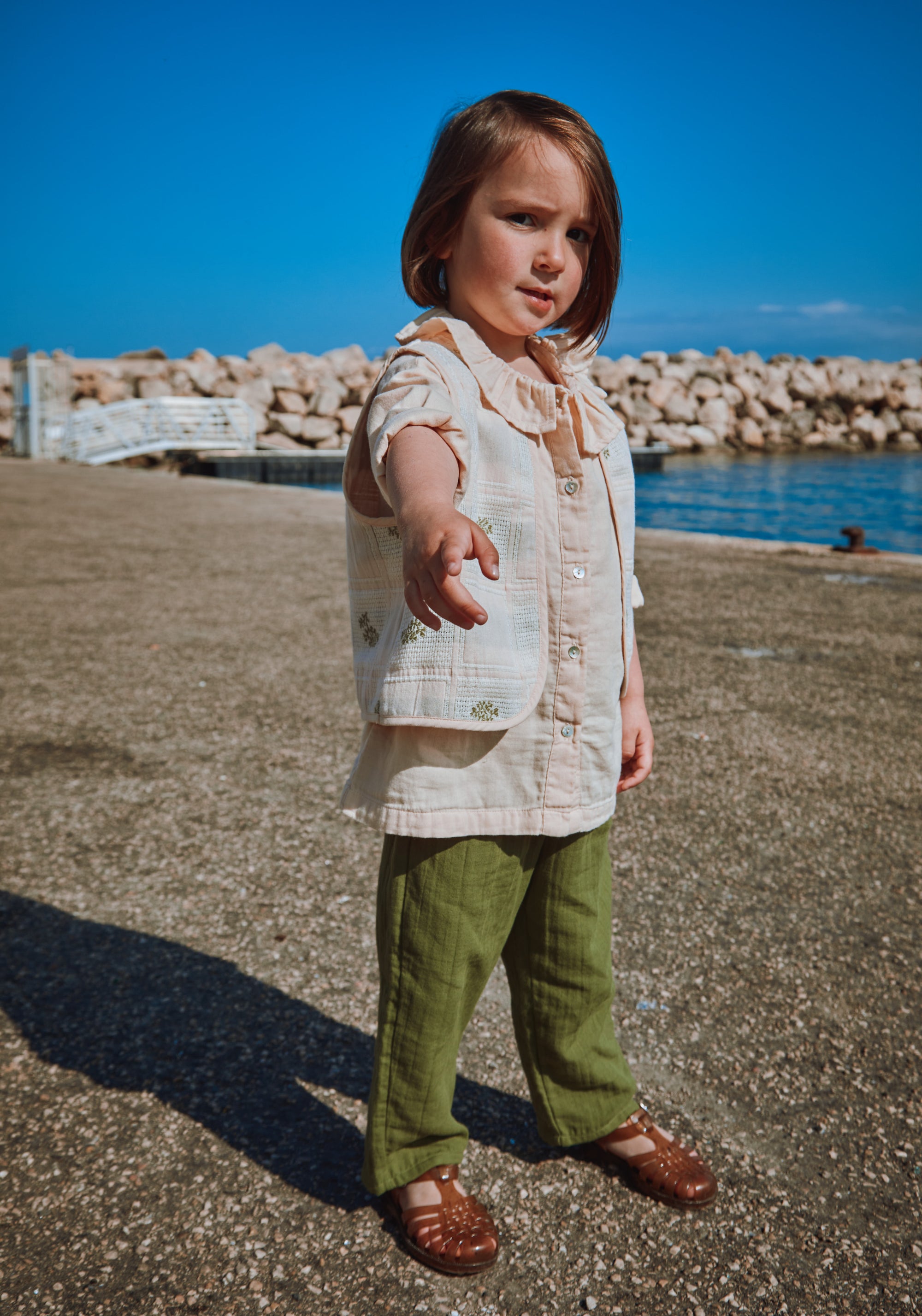 Pantaloni din muselină dublă de bumbac - Adiante Olive Branch