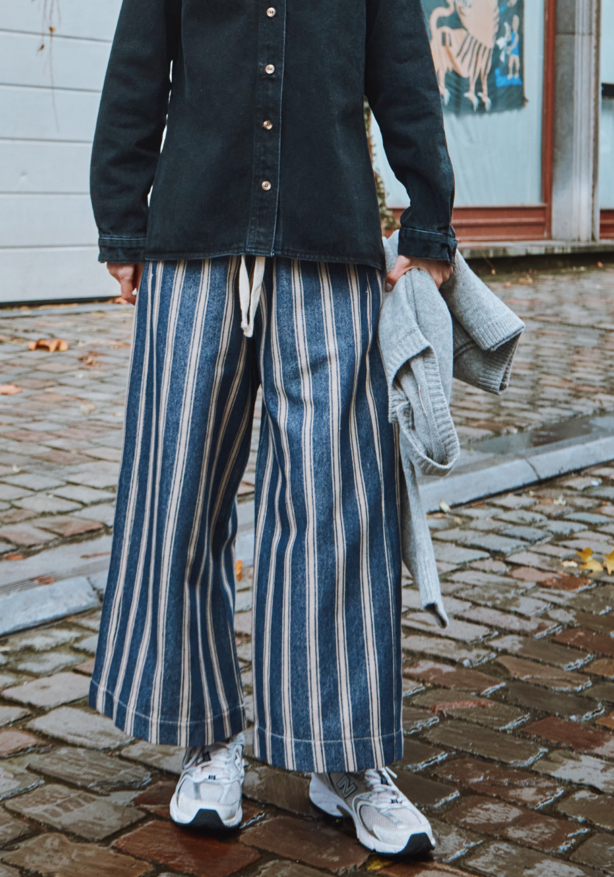 Pantaloni femei din canvas gros de bumbac - Santal Ankle Rayures Bleues