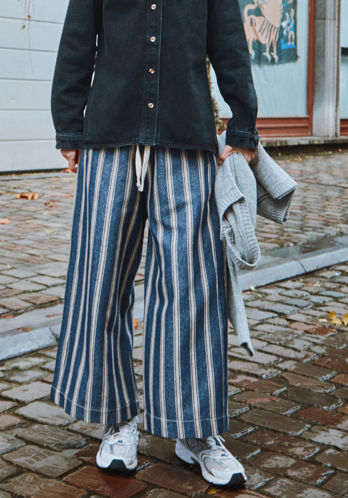 Pantaloni femei din canvas gros de bumbac - Santal Ankle Rayures Bleues