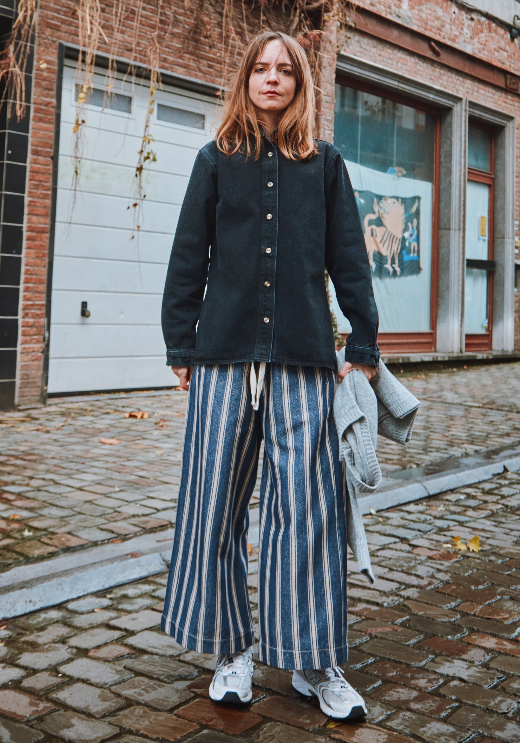 Pantaloni femei din canvas gros de bumbac - Santal Ankle Rayures Bleues