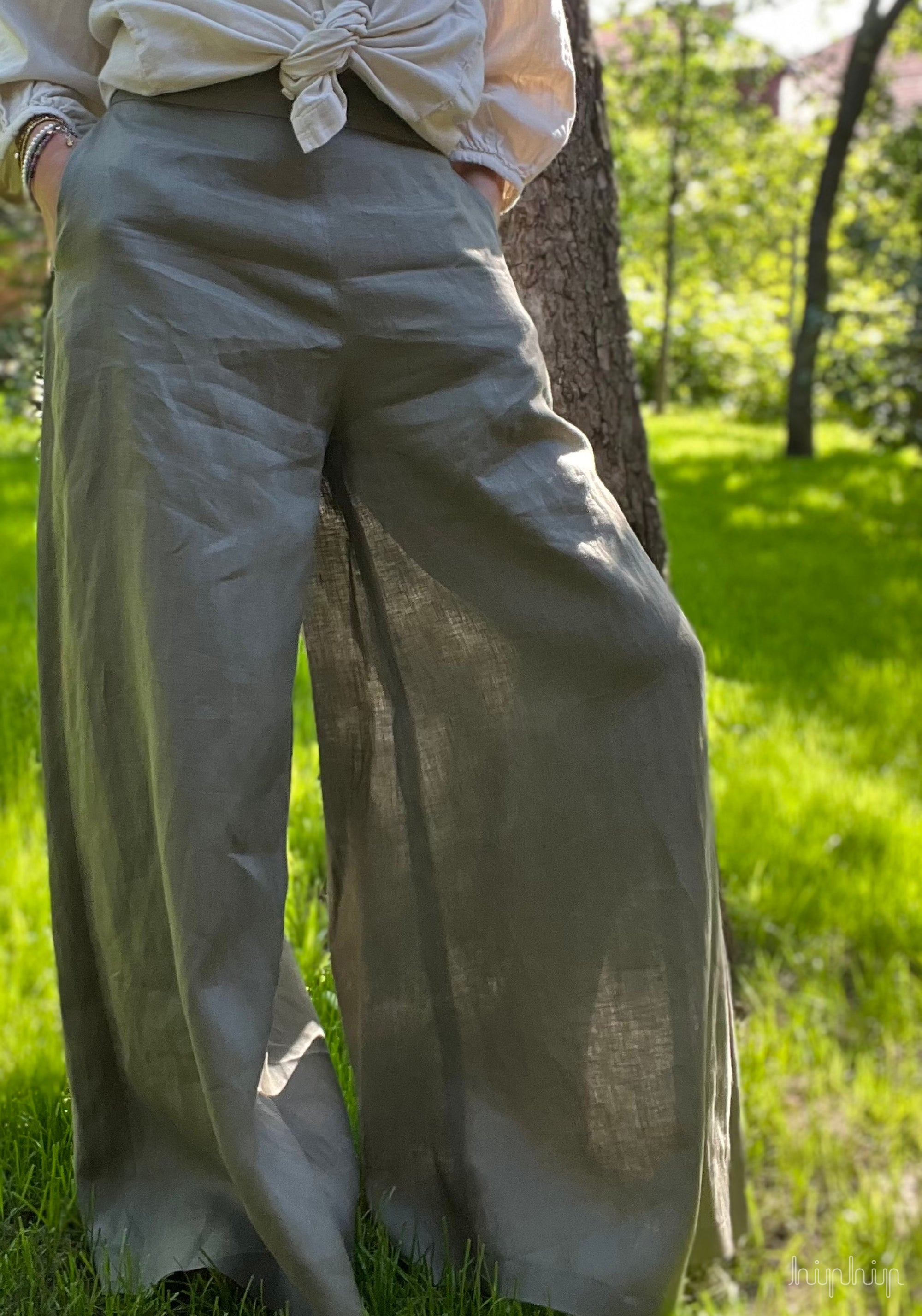 Pantaloni femei din in - Palazzo Khaki