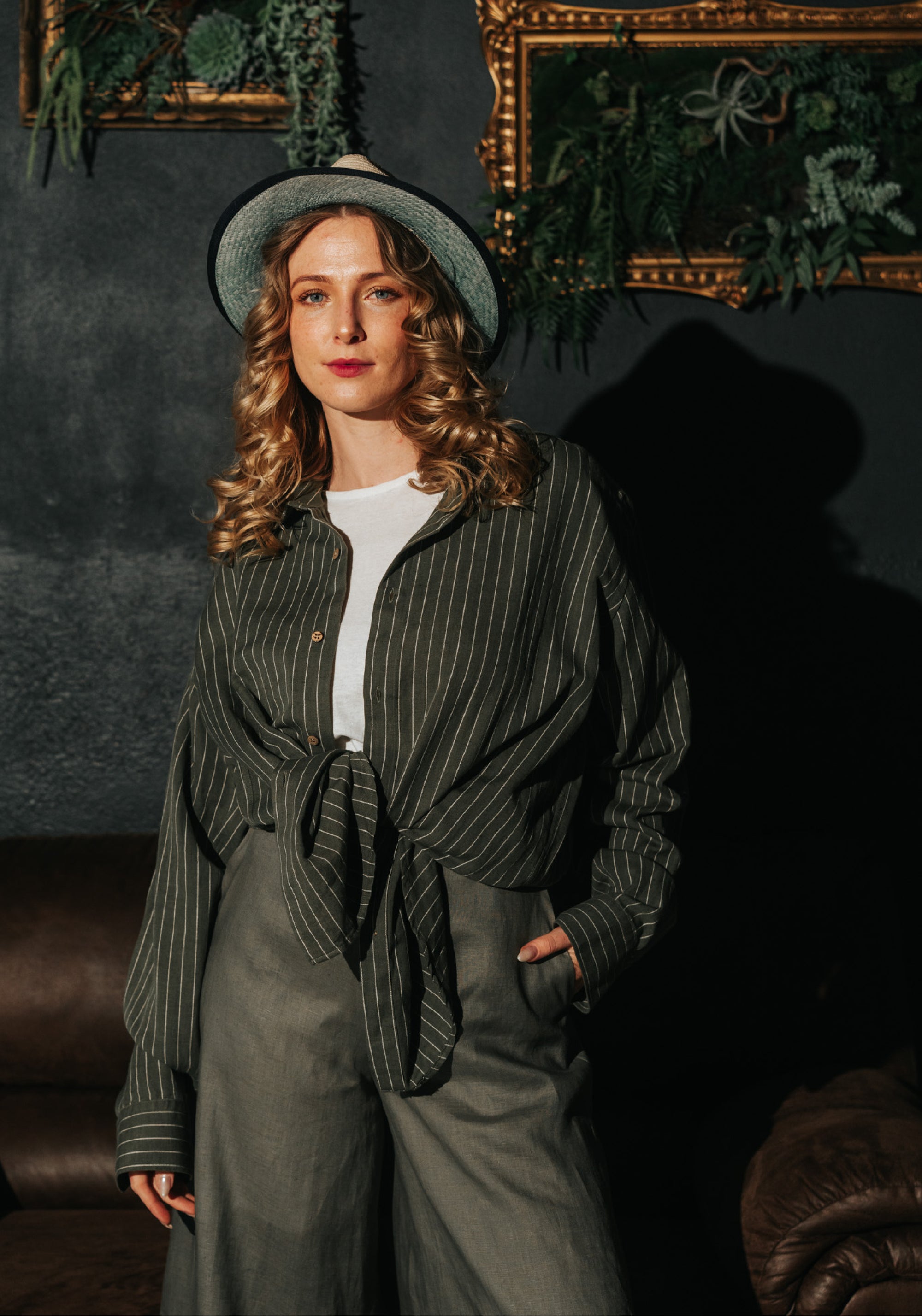 Pantaloni femei din in - Palazzo Khaki