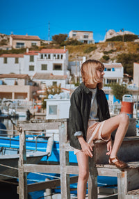 Pantaloni scurți din muselină dublă de bumbac - Hortensia Points Bellini