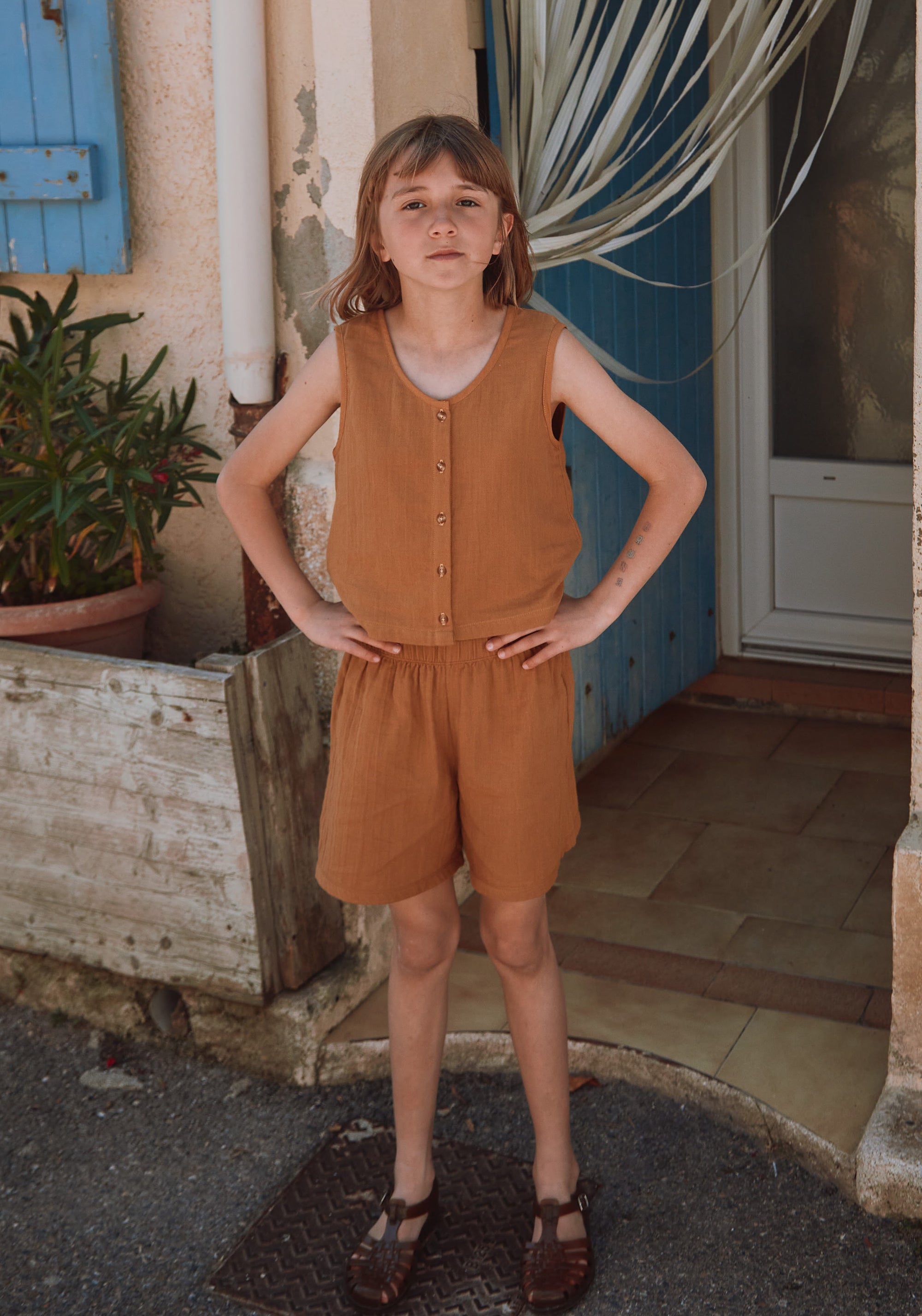 Pantaloni scurți din muselină dublă de bumbac - Gui Bone Brown