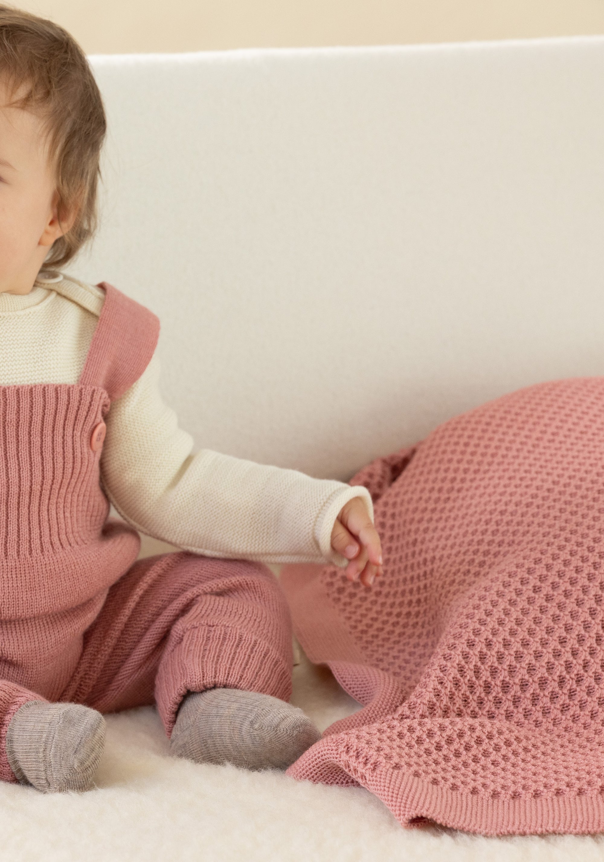 Pătură bebeluși honeycomb din lână merinos - Soft Pink