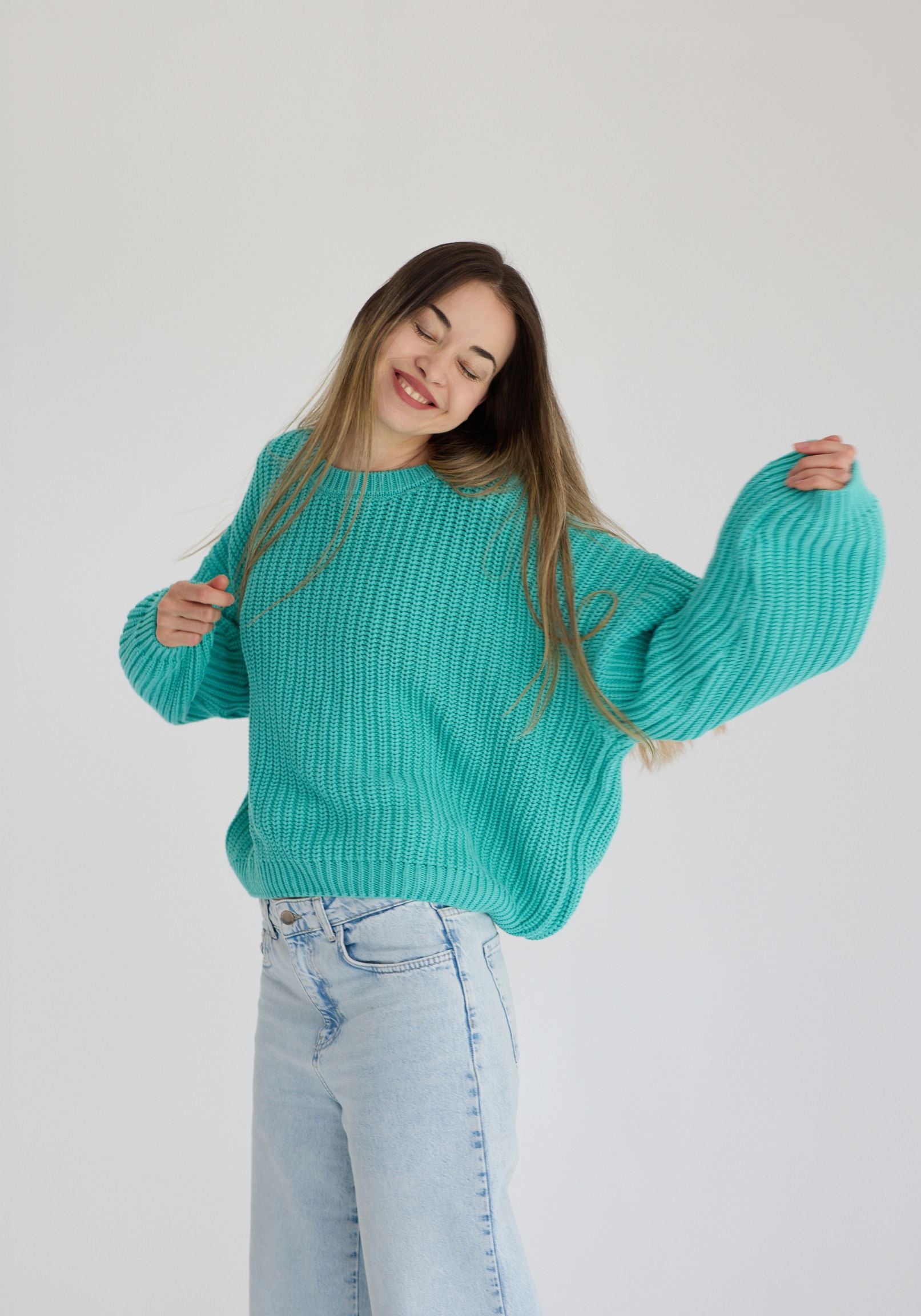 Pulover Chunky tricotat femei din bumbac - Aqua