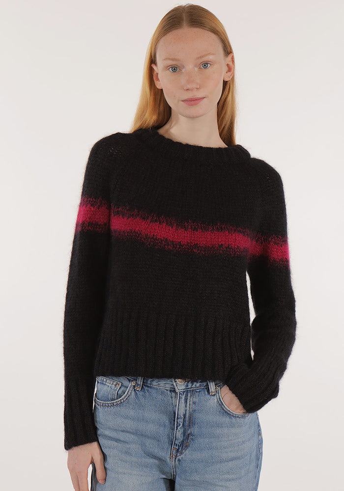 Pulover femei mohair și lână merinos - Ilka Black/Pink