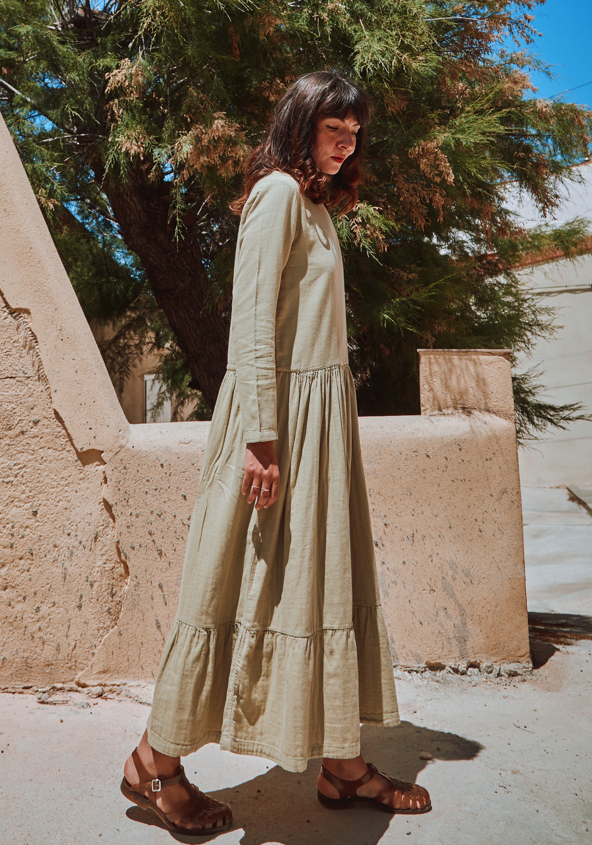 Rochie femei din muselină dublă de bumbac - Garua Olive Gray