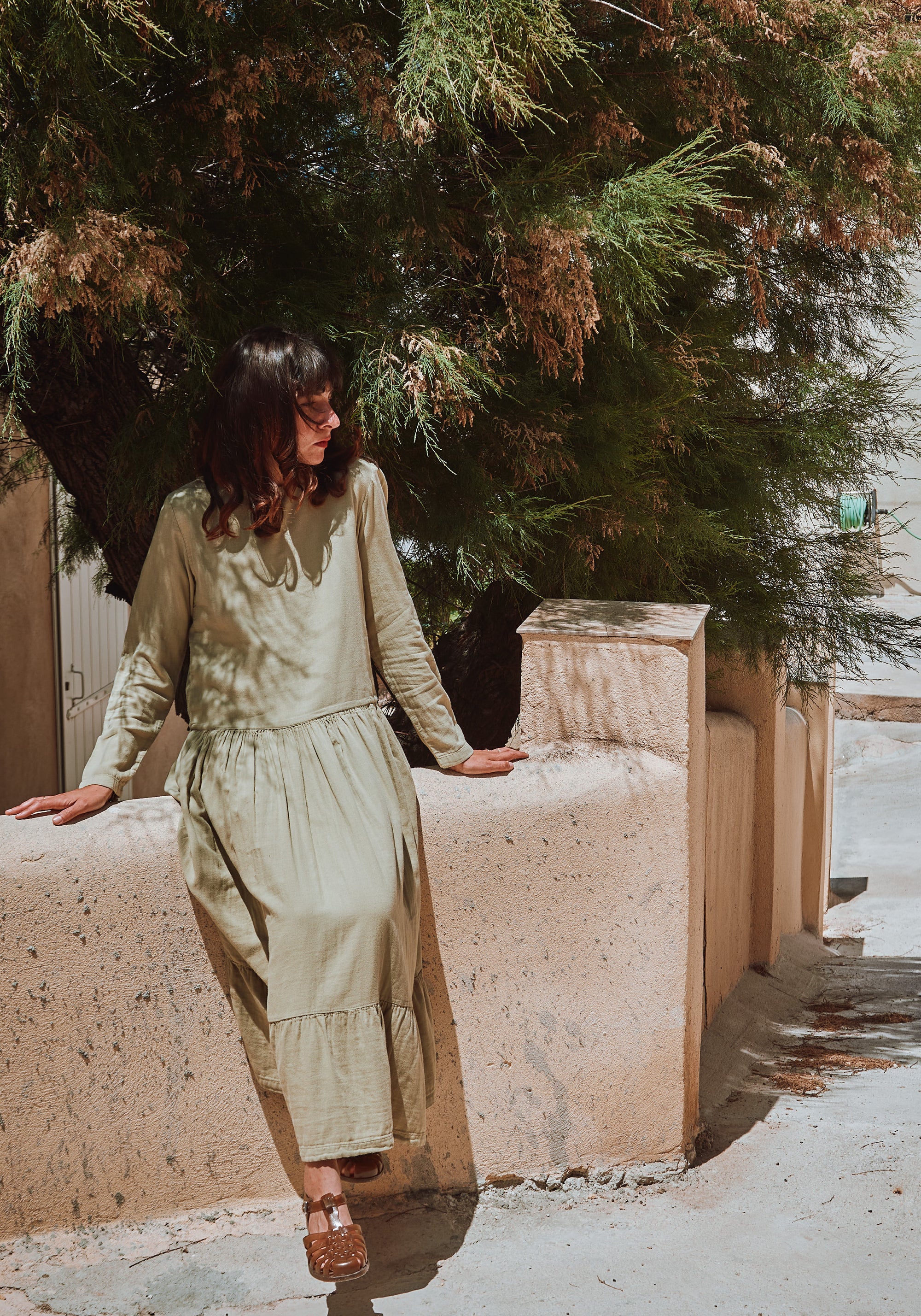 Rochie femei din muselină dublă de bumbac - Garua Olive Gray