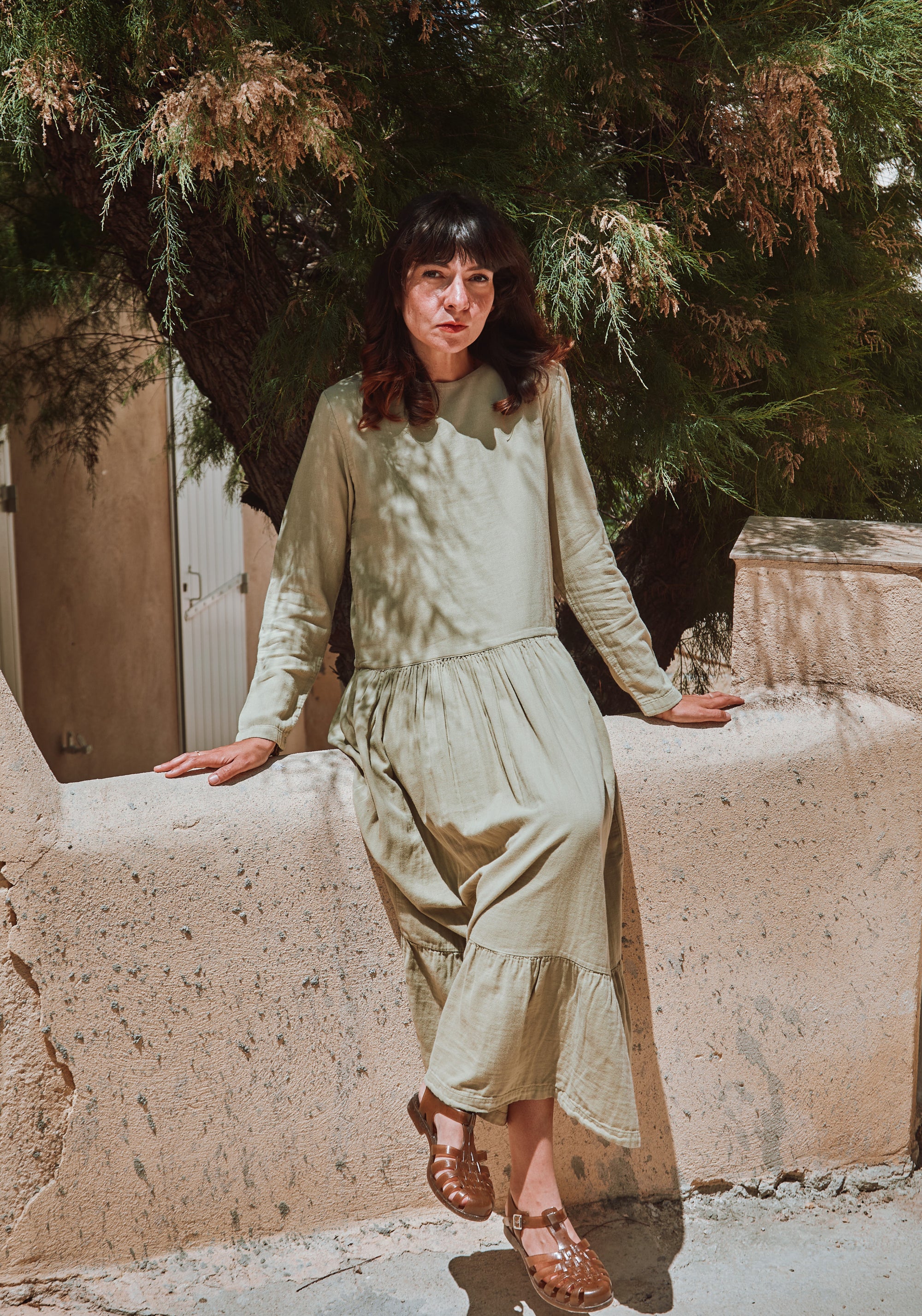 Rochie femei din muselină dublă de bumbac - Garua Olive Gray