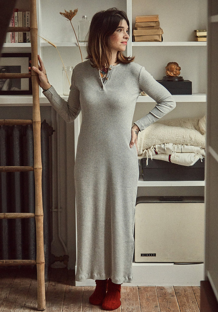 Rochie rib femei din bumbac - Tagete Gris Clair Chine Poudre Organic HipHip.ro