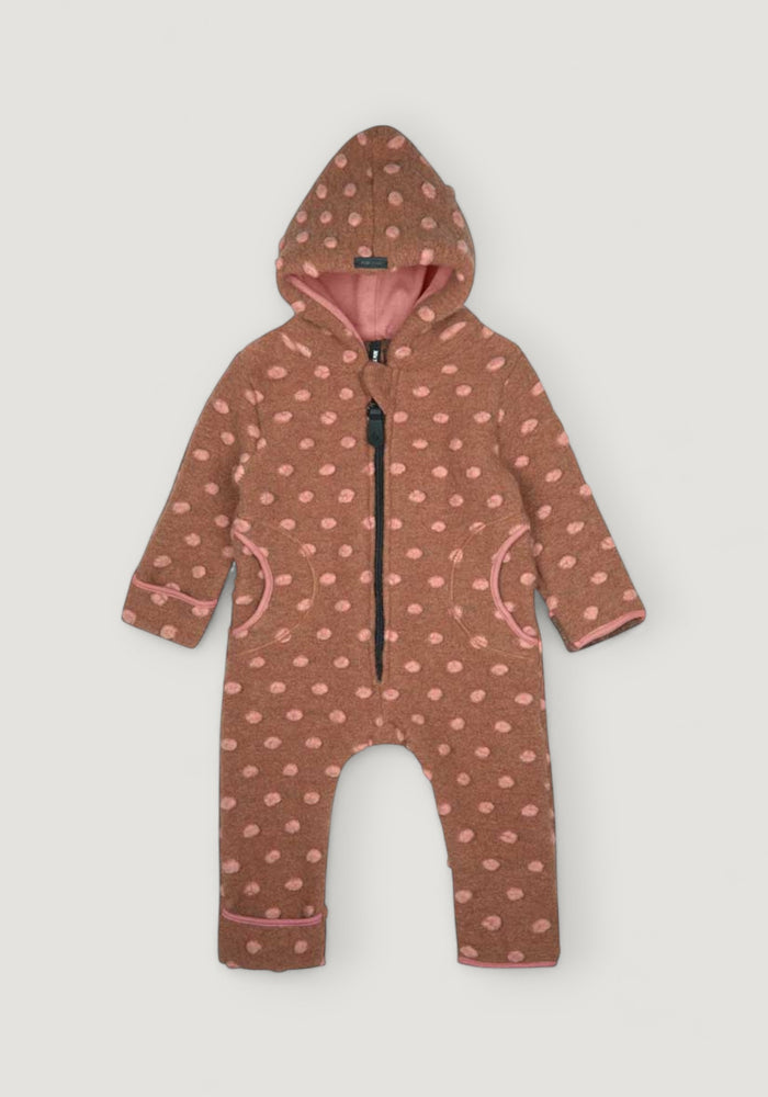 Salopetă cu mănuși și botoși din lână fiartă - Hazelnut Dots