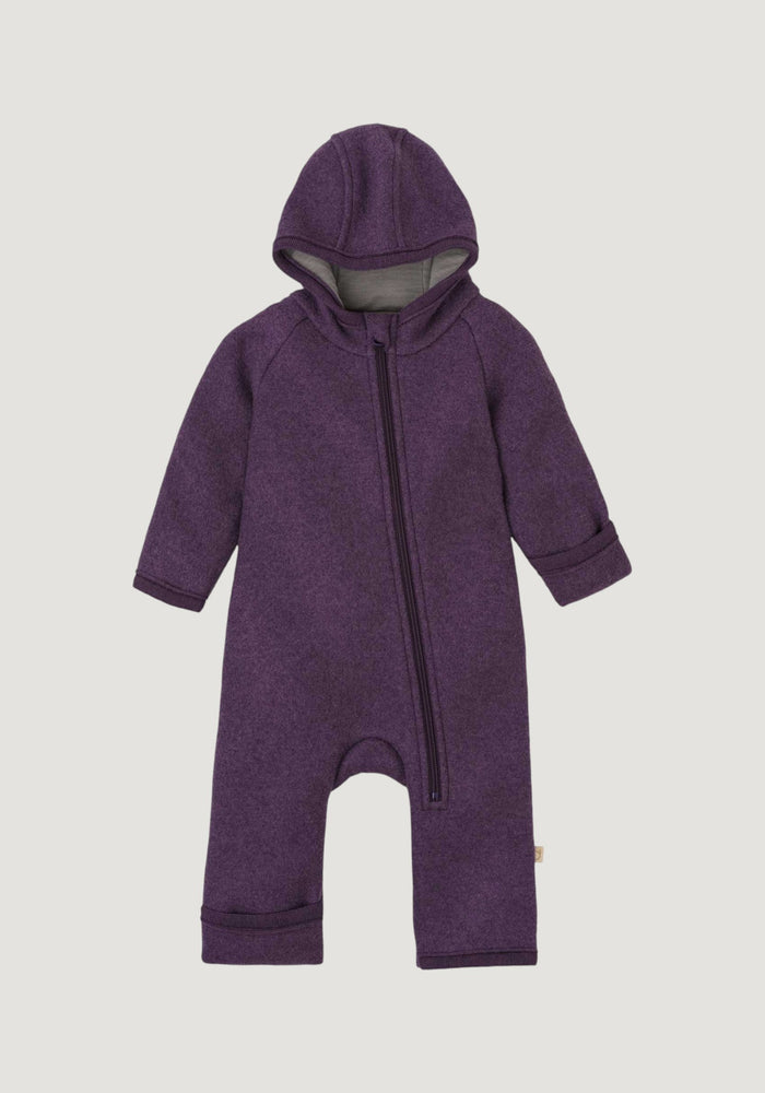Salopetă cu mănuși și botoși din lână merinos fiartă - Aubergine
