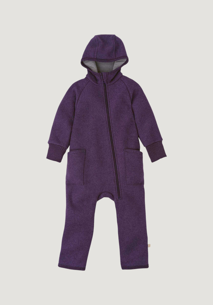 Salopetă cu mănuși și botoși din lână merinos fiartă - Aubergine
