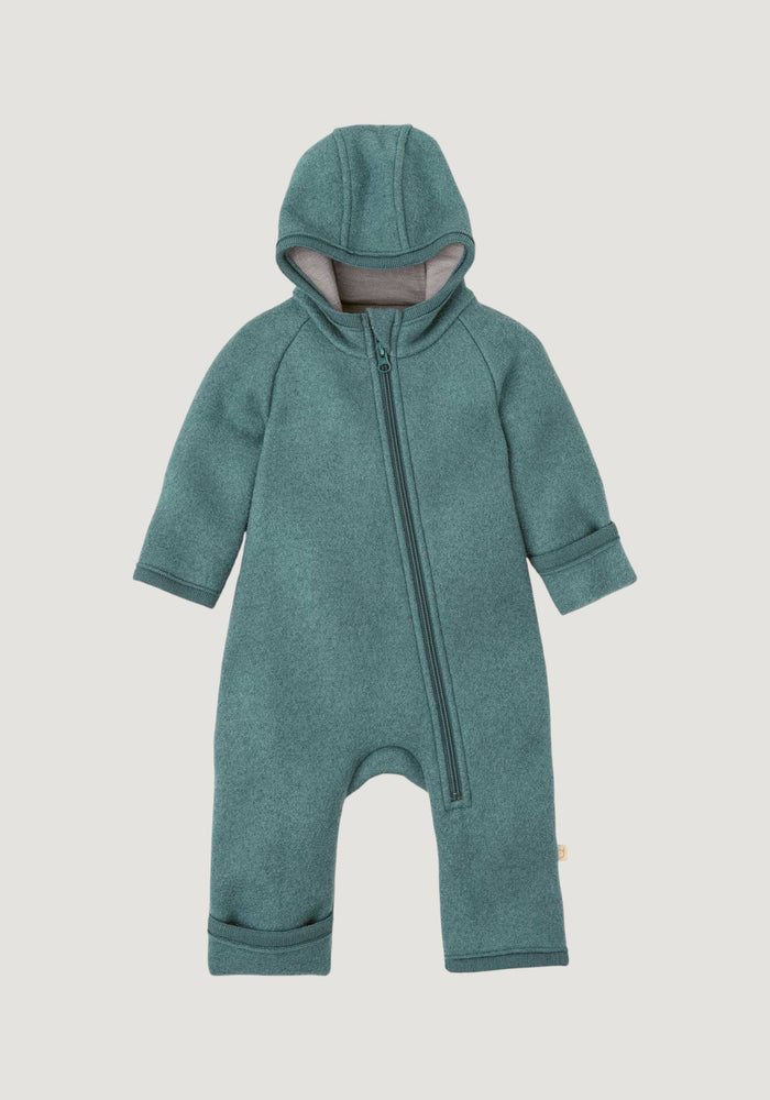 Salopetă cu mănuși și botoși din lână merinos fiartă - Eucalyptus