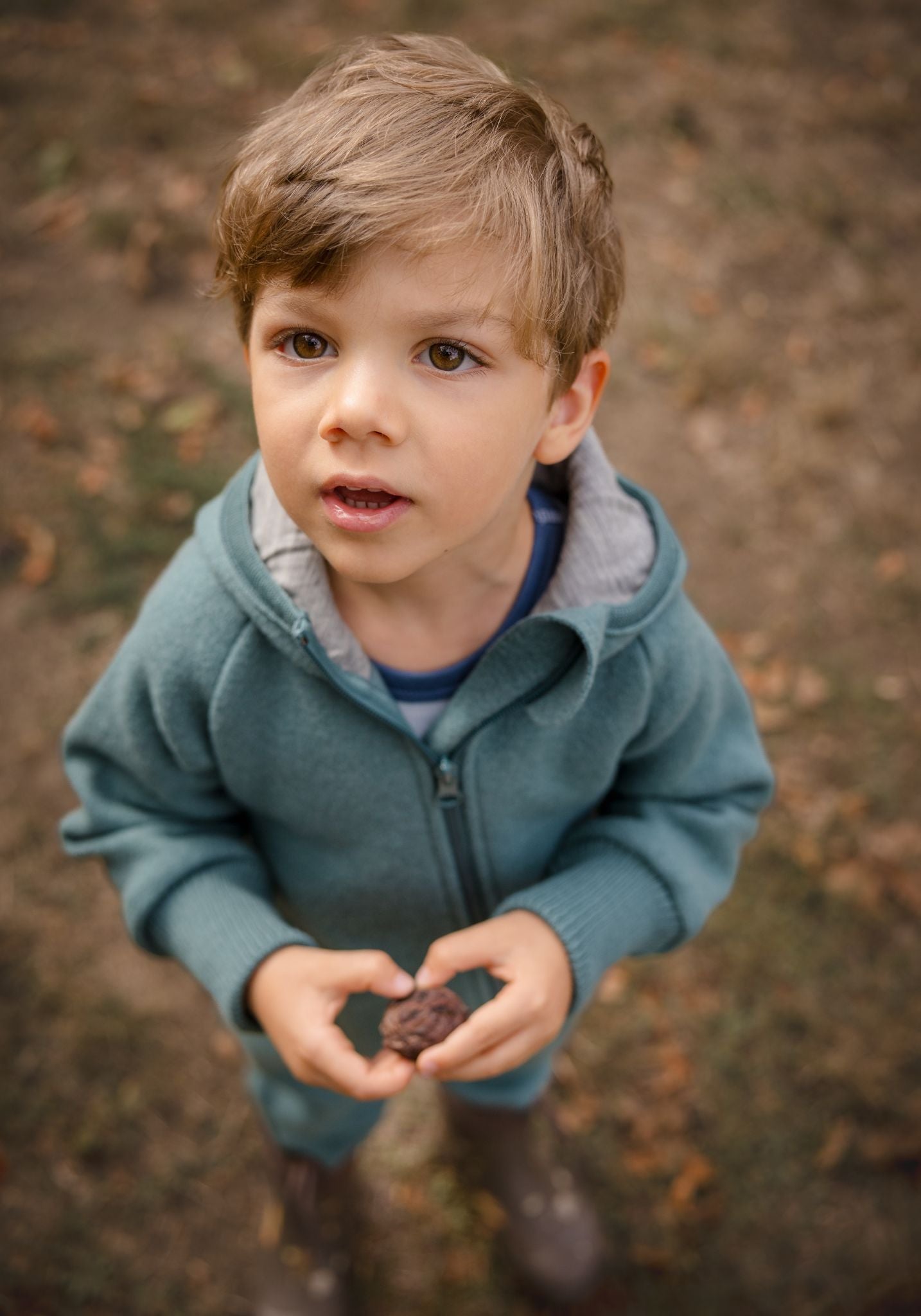 Salopetă cu mănuși și botoși din lână merinos fiartă - Eucalyptus