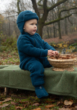 Salopetă cu mănuși și botoși fleece din lână merinos - Dark Turquoise