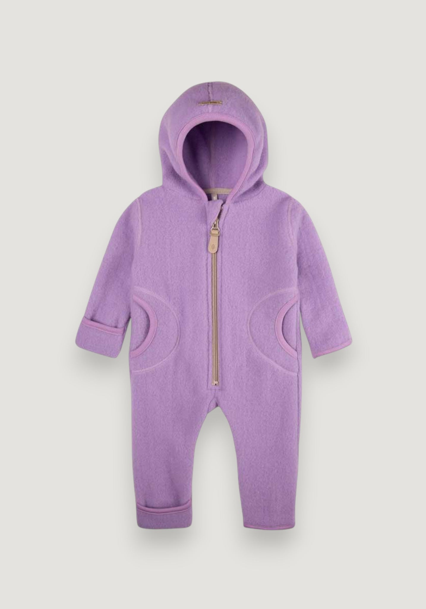 Salopetă cu mănuși și botoși fleece din lână merinos - Lilac 62/68
