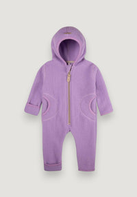 Salopetă cu mănuși și botoși fleece din lână merinos - Lilac 62/68