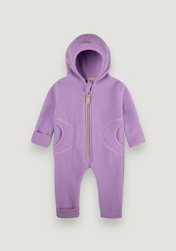 Salopetă cu mănuși și botoși fleece din lână merinos - Lilac 62/68