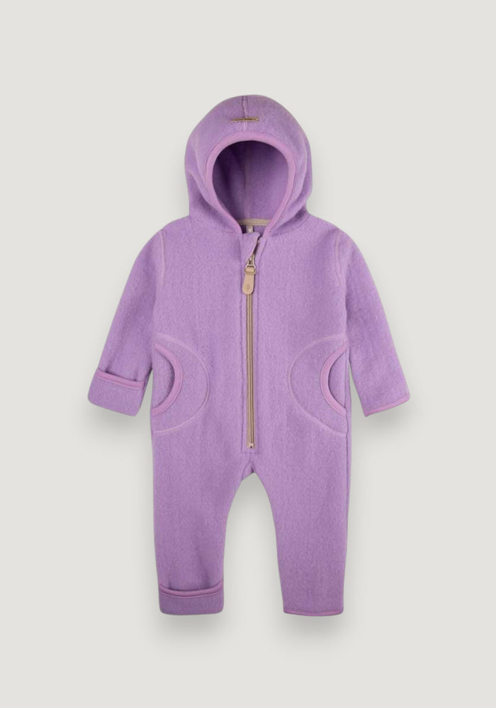 Salopetă cu mănuși și botoși fleece din lână merinos - Lilac 62/68