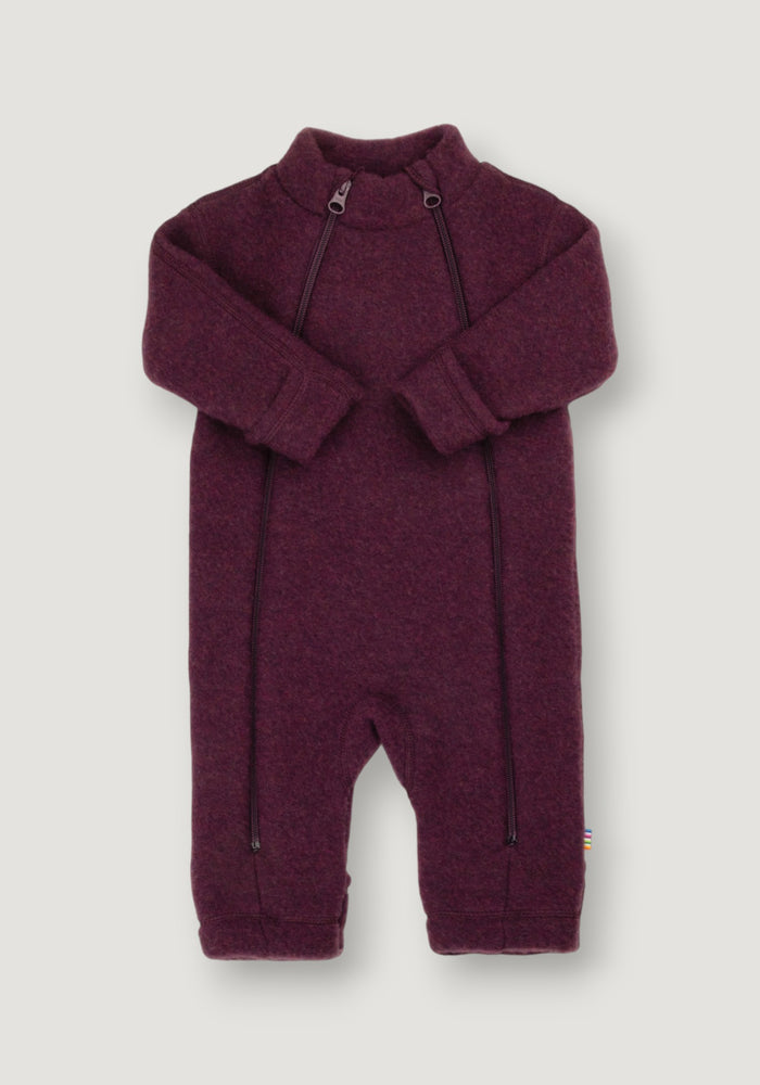 Salopetă cu mănuși și botoși fleece din lână merinos - Plum 60