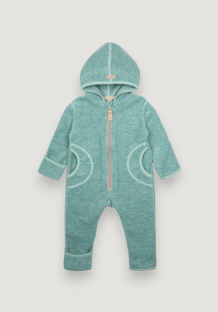 Salopetă cu mănuși și botoși fleece din lână merinos și bumbac - Jade 62/68