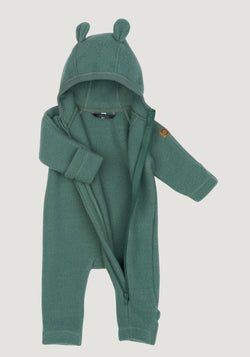 Salopetă cu mănuși și botoși fleece din lână merinos - Teddy Bear Balsam Green