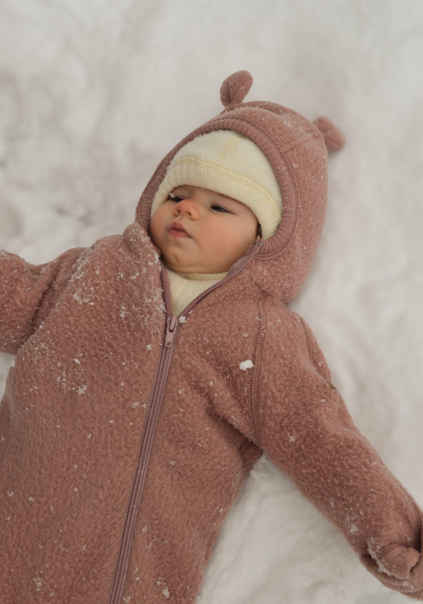 Salopetă cu mănuși și botoși fleece din lână merinos - Teddy Bear Burlwood