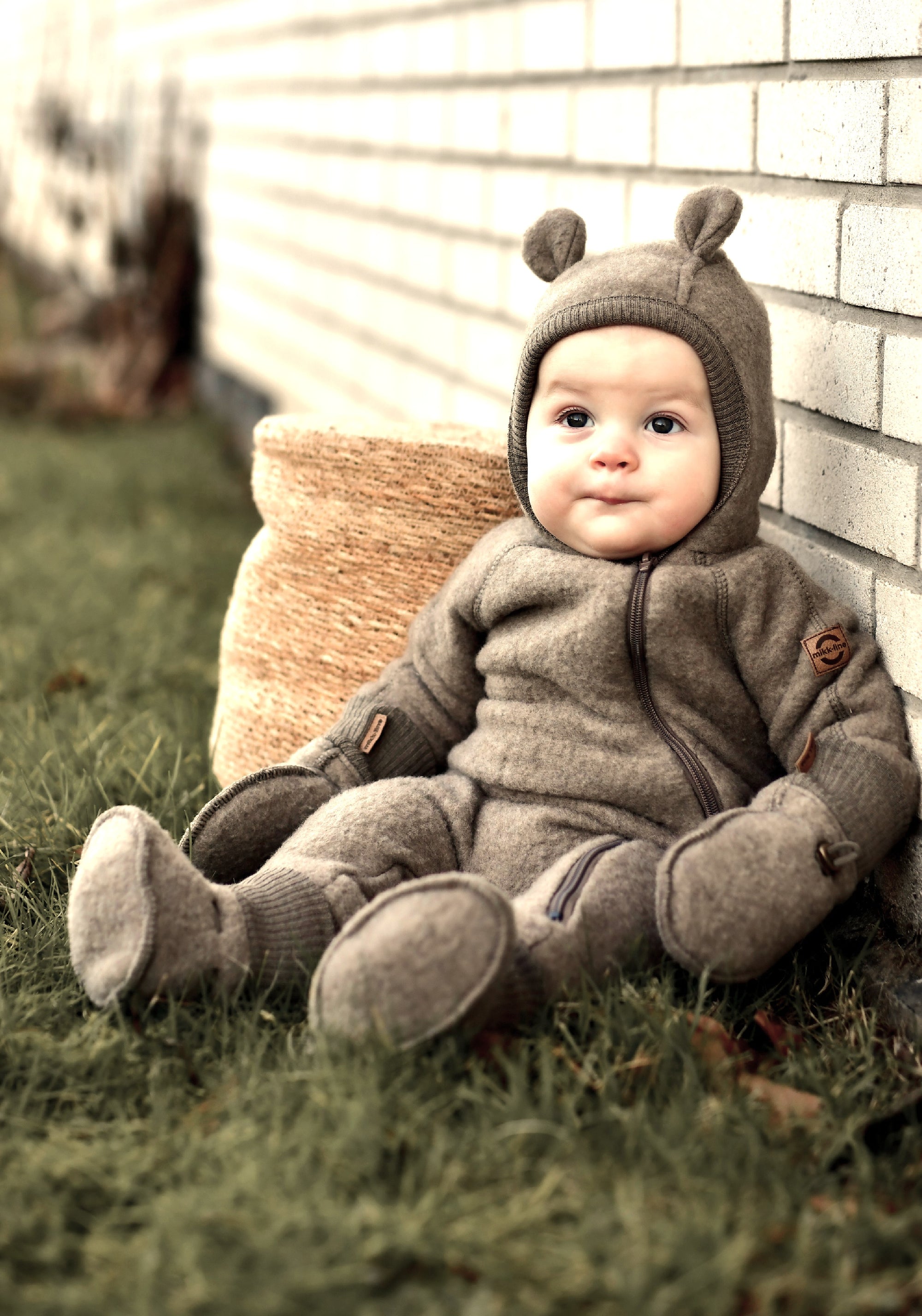 Salopetă cu mănuși și botoși fleece din lână merinos - Teddy Bear Melange Denver