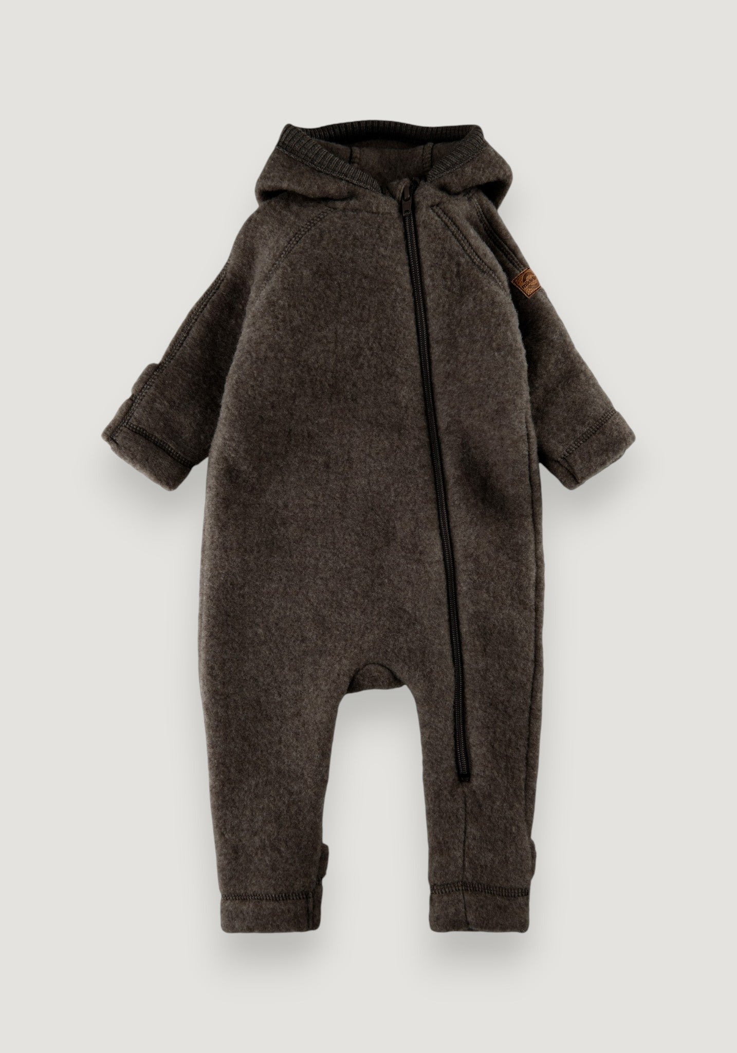 Salopetă cu mănuși și botoși fleece din lână merinos - Teddy Dark Brown Melange