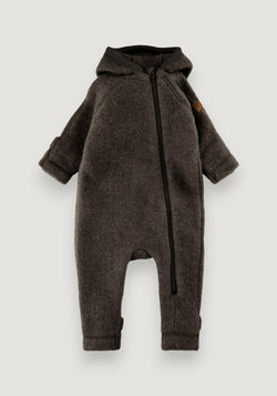 Salopetă cu mănuși și botoși fleece din lână merinos - Teddy Dark Brown Melange
