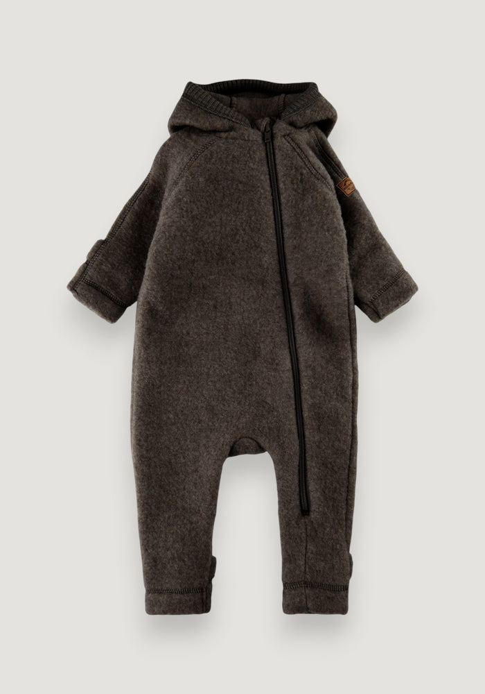 Salopetă cu mănuși și botoși fleece din lână merinos - Teddy Dark Brown Melange