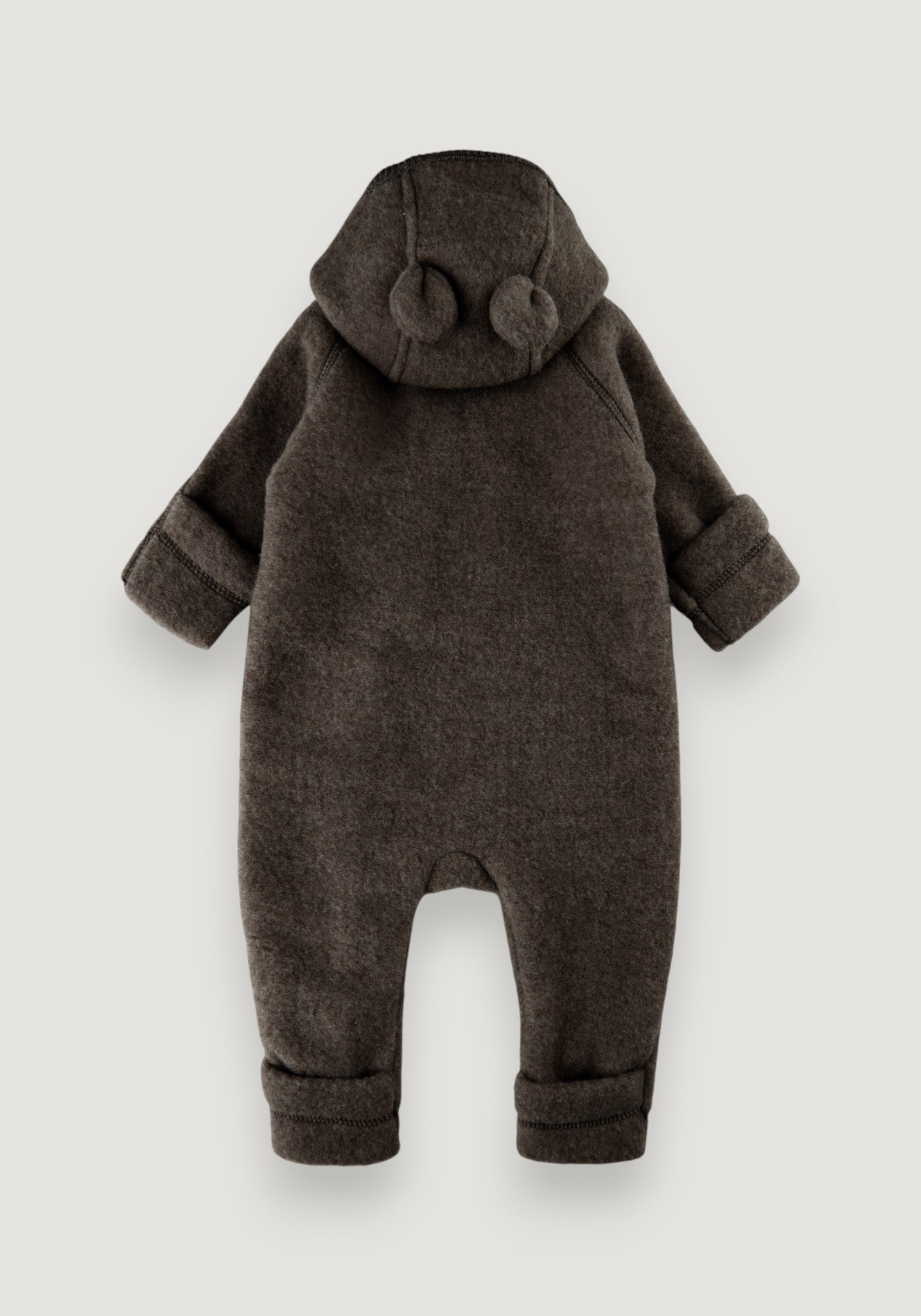 Salopetă cu mănuși și botoși fleece din lână merinos - Teddy Dark Brown Melange