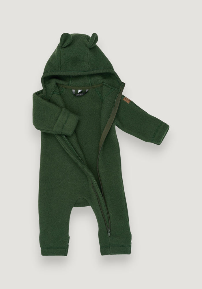 Salopetă cu mănuși și botoși fleece din lână merinos - Teddy Kombu Green